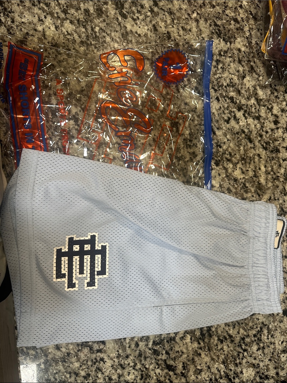 Eric Emanuel Light Blue Mesh Athletic Shorts with Contrast Logo